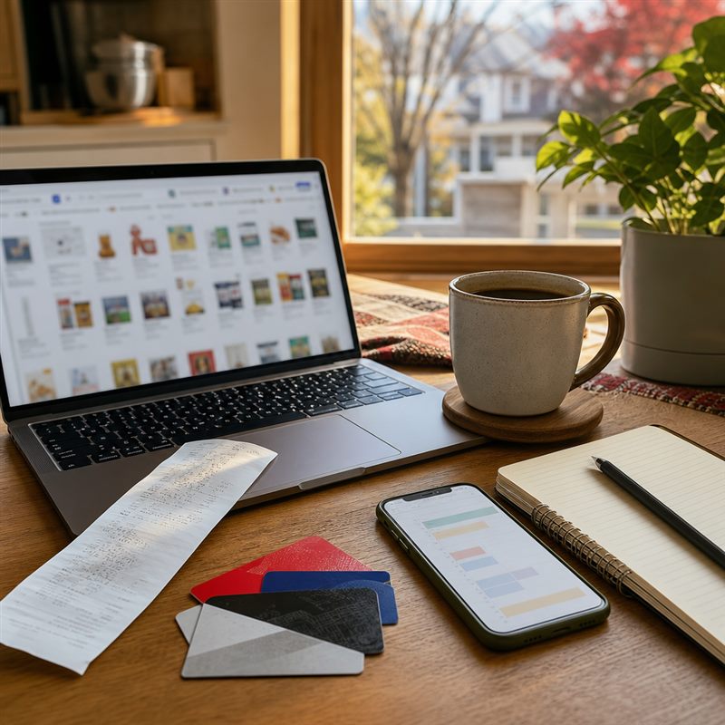 Canadian household savings planning desk with receipts, loyalty cards, laptop, and calendar reminders