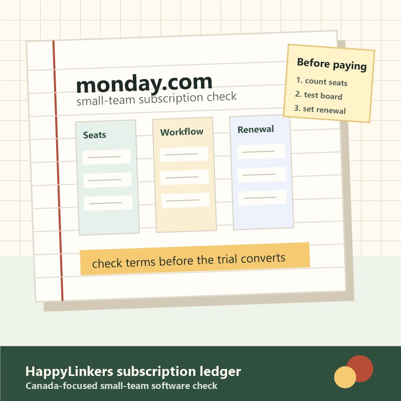 Desk notebook showing a small-team software subscription check for monday.com