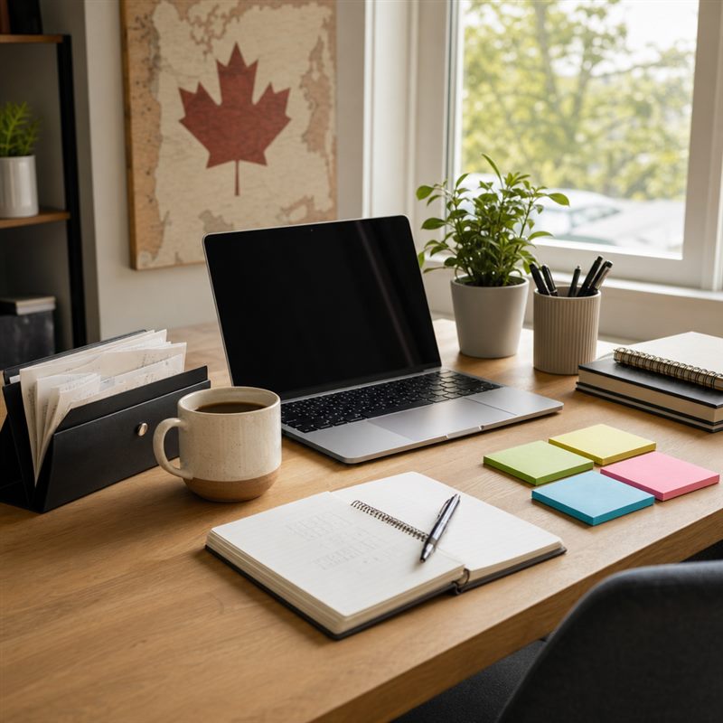 HappyLinkers editorial desk with notes, receipts, laptop, and category planning materials
