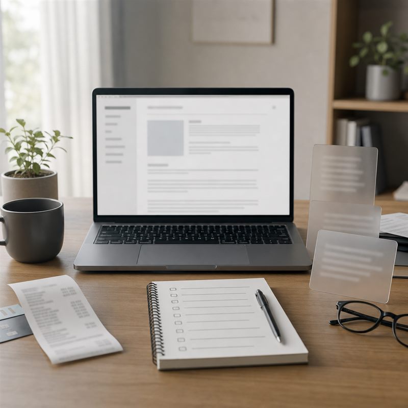 Affiliate disclosure workflow with receipts, checklist notes, and laptop on a neutral desk